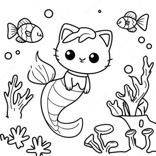 Mermaid Cat Swimming In Coral Reef Coloring Page 5406-4419